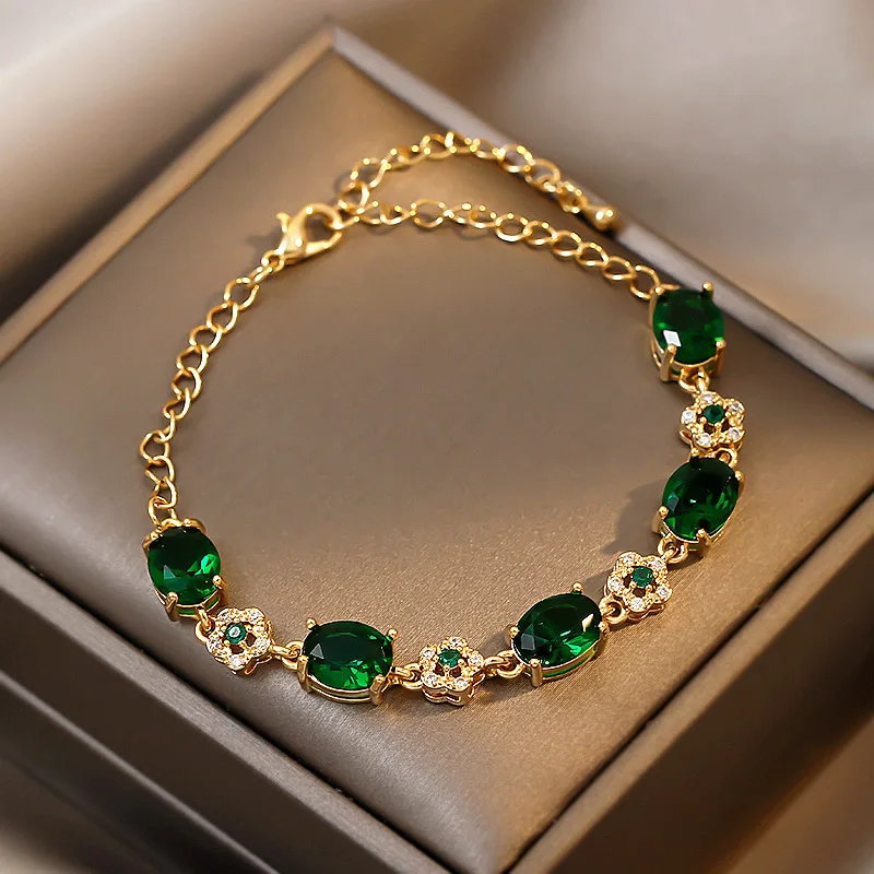Luxury Green Rhinestone Crystal Bracelet Gold Color Link Chain Bracelets For Women Vintage Party Wedding Bridal Jewelry Gifts K-