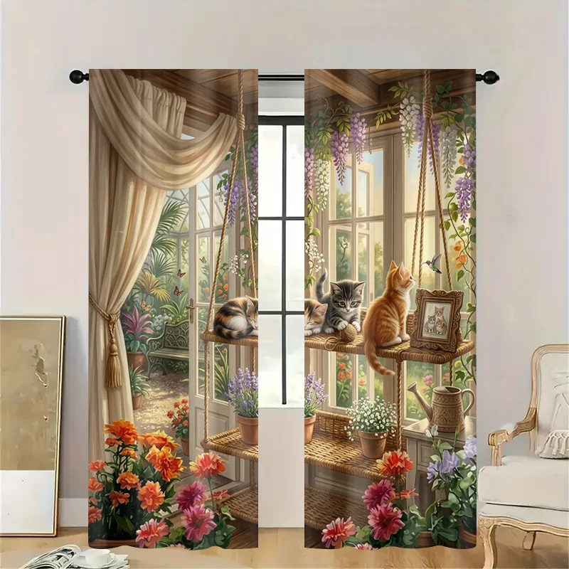 Whimsical Cat Garden Greenhouse Curtain Drapes Nature Lovers Window Filter Curtain Panel for Kitchen Bathroom Home Decor