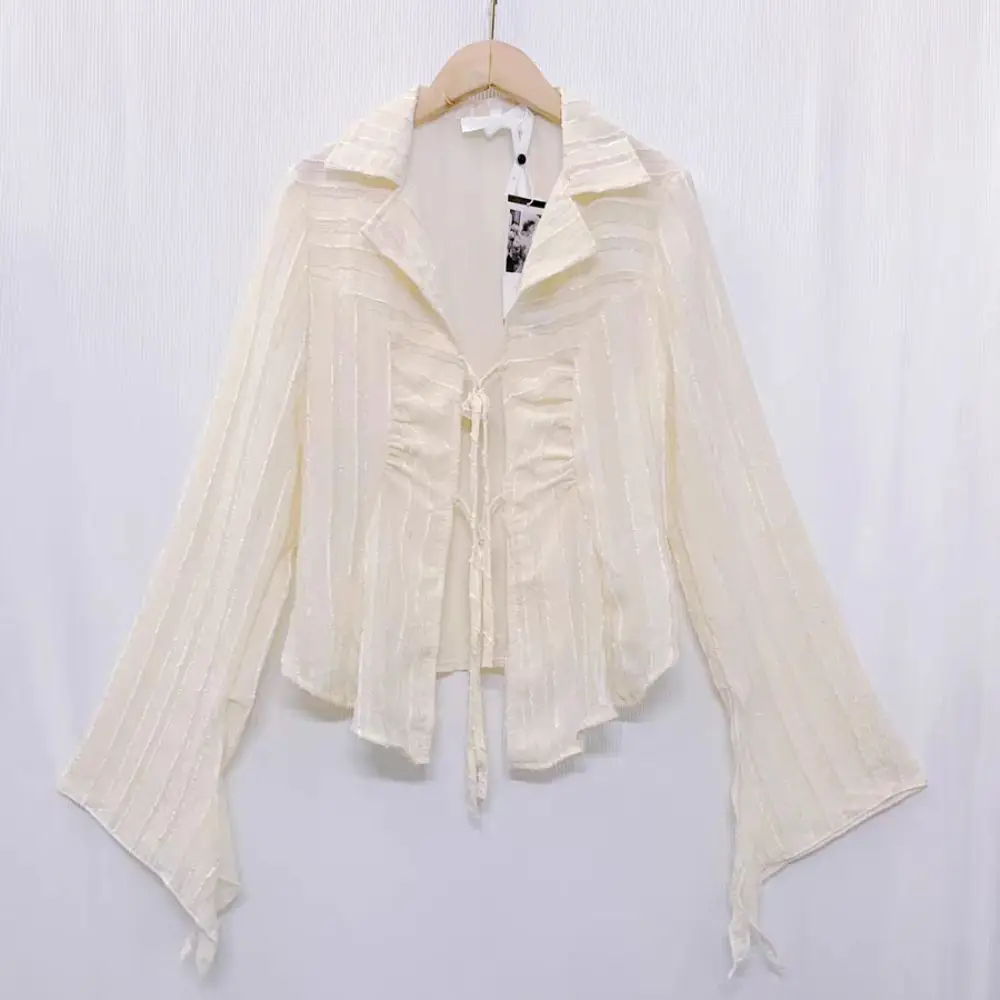 Sweet V-neck Chiffon Sunscreen Shirt Lace-up Loose Beige Shirt Women Irregular Ruffle Long Sleeve Shirt Party