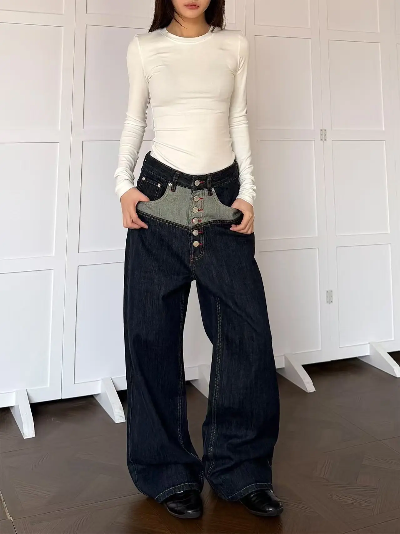 

Y2K American Retro Contrast Color Buttoned Straight Jeans For Men And Women Fashion Patchwork Casual Loose Wide-Leg Jeans