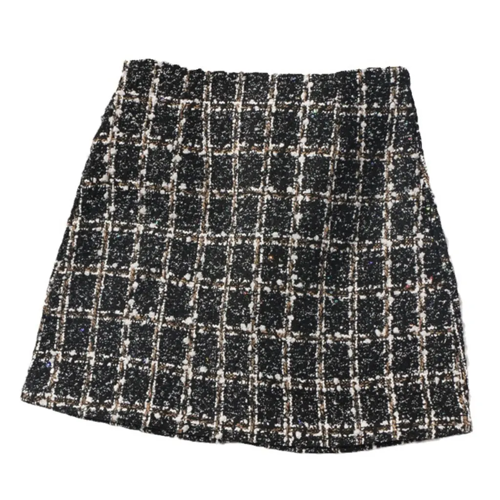 

High-Waisted Slimming Plaid Tweed Short Skirt for Women Spring/Fall Hip-Hugging Fashionable European American Style
