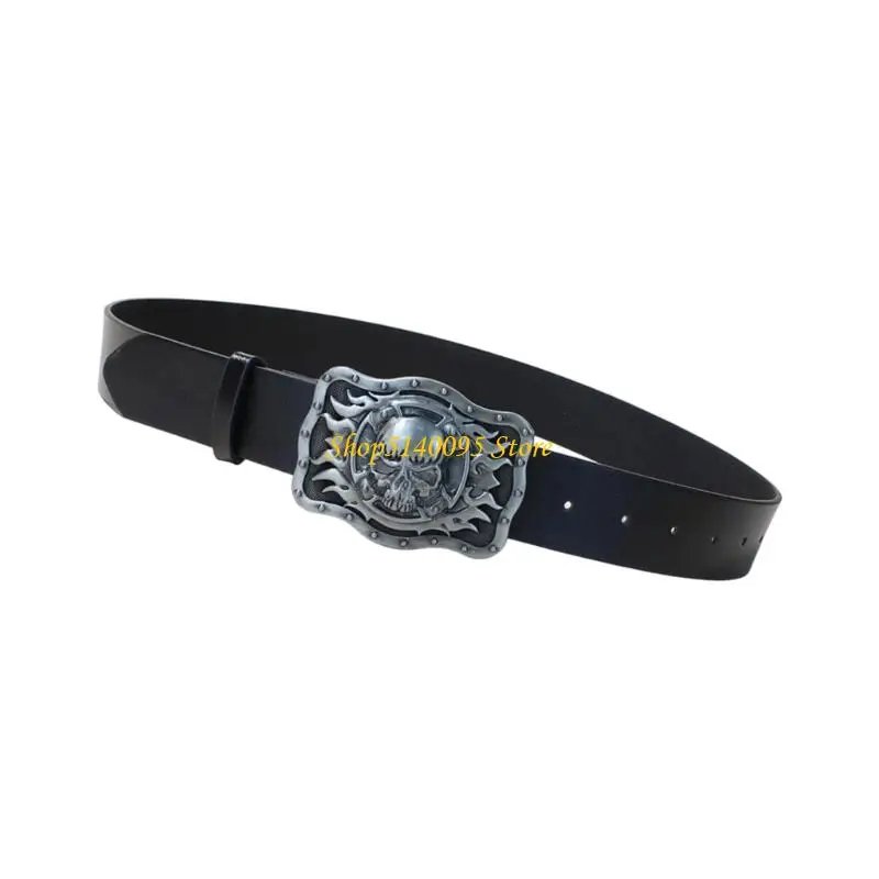 حزام جمجمة أنيق قابل للتعديل من DXAE للرجال من جلد البولي يوريثان الغربي مع أبازيم معدنية