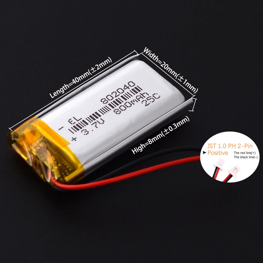 JST1.0mm 2Pin 3.7V 802040 700mAh Lithium Lipo Li-ion Polymer Battery 302040 402040 502040 602040 702040 902040 102040