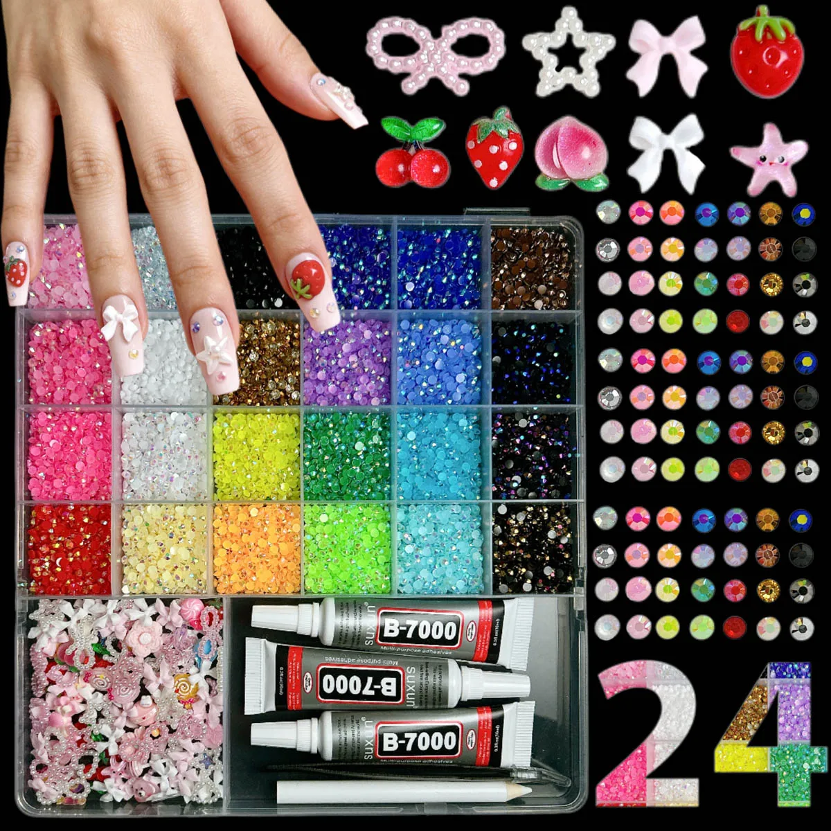 1Box 24 Colors 3mm Semi-circular Rhinestones with 3D Cute Creative Lollipop Bow Resin Nail Art Decorations DIY Nail Supplies
