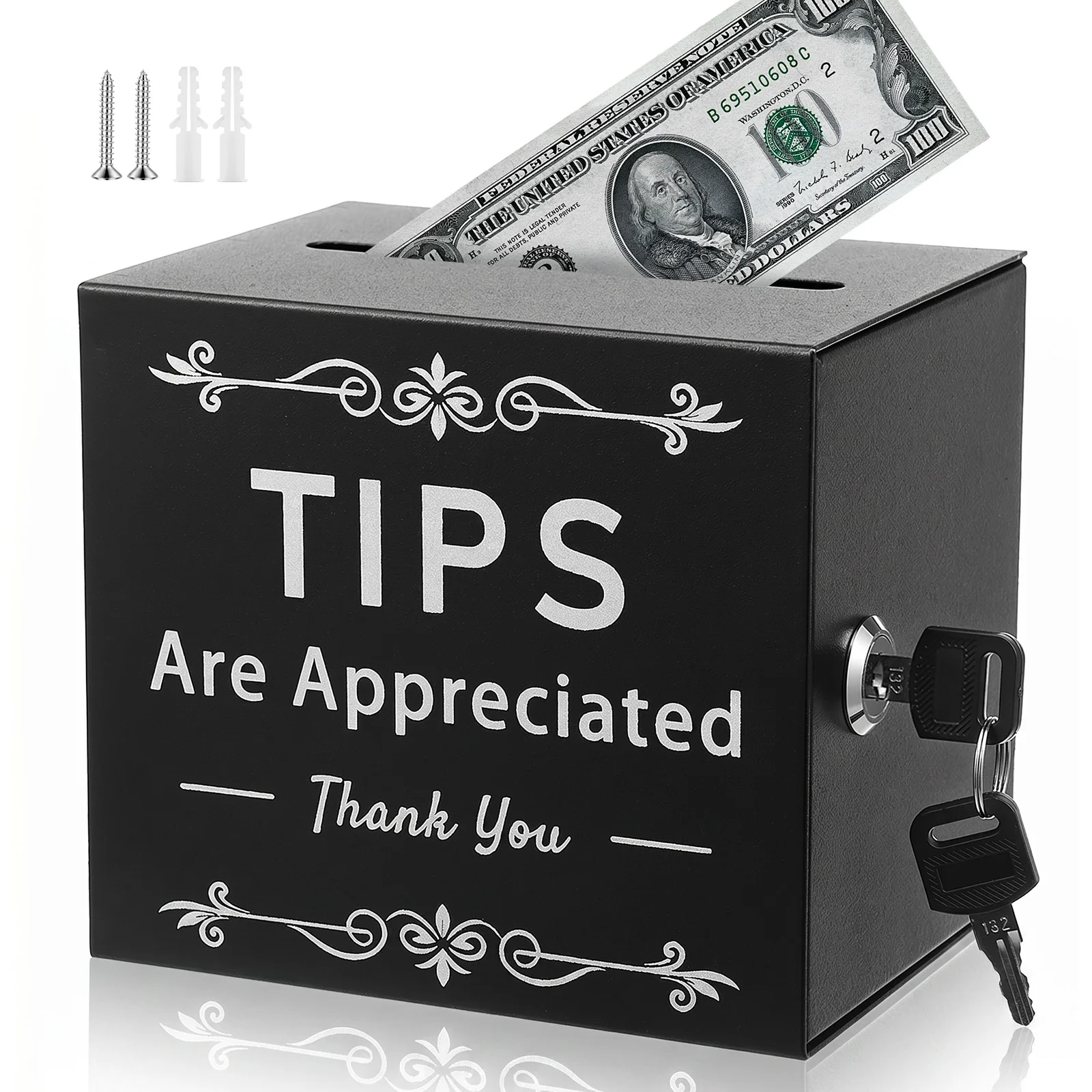 Lockable Metal Tip Jar with 2 Keys Safe Donation Box Suggestion Money Saving Jar Raffle Box for Bar Restaurant Fundraising Event