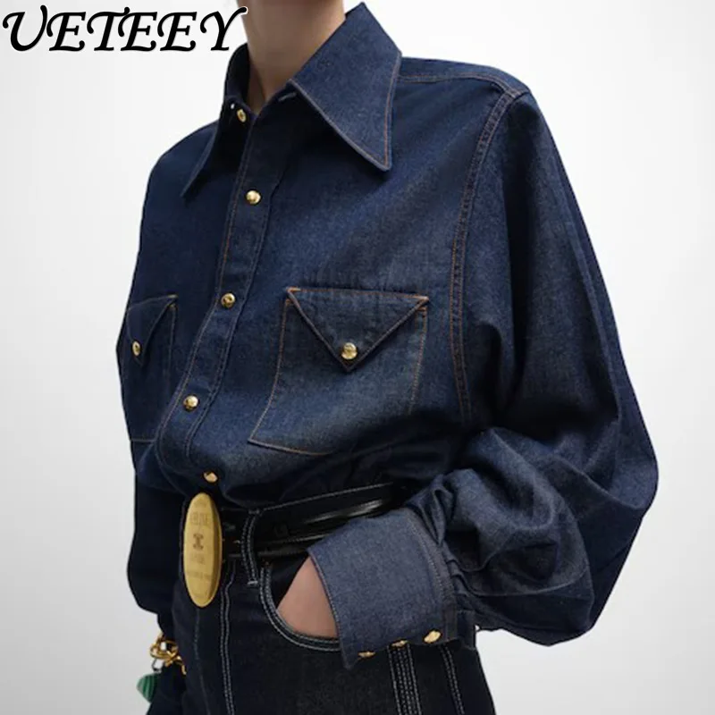 

Новая женская джинсовая рубашка в корейском стиле, весна 2026: комфортная, повседневная, модная, универсальная, высококачественная, свободного кроя, с длинным рукавом