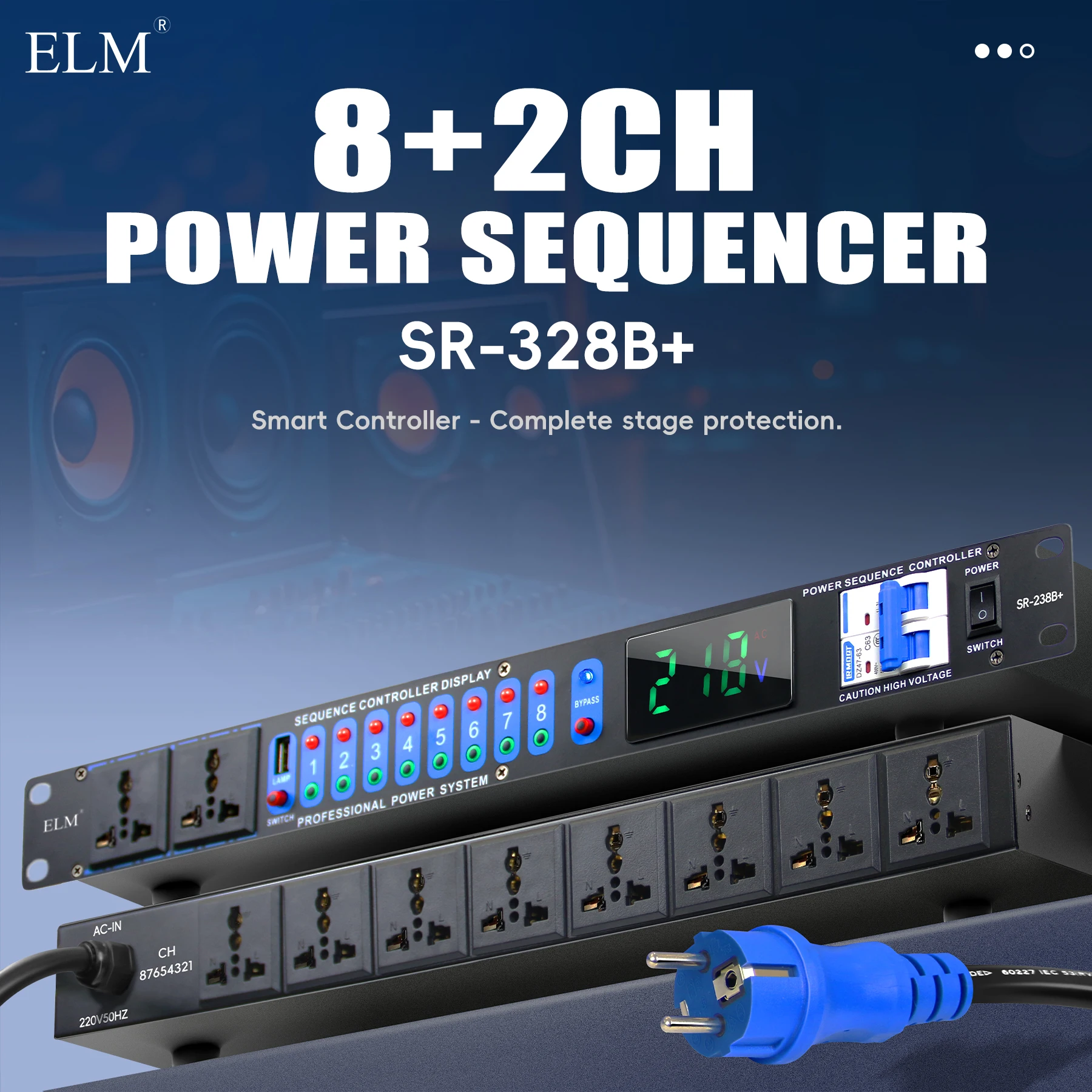 SR-328B+ 8+2CH Power Sequencer with 30A Relay & Voltage Display for DJ Audio Stage Lighting Universal Plug 220V/50Hz