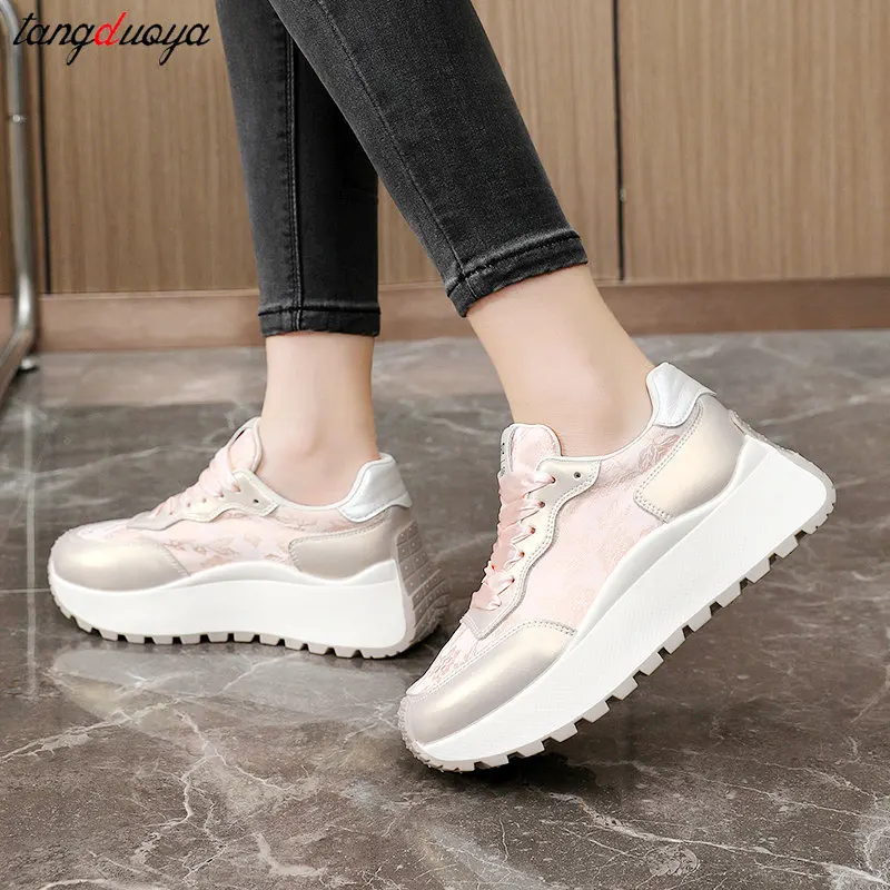 Women's Trendy Street Sports Shoes Four Seasons Fashion Versatile Thick Sole Waffle Sneakers Woman on Slip Lace Up Casual Shoes