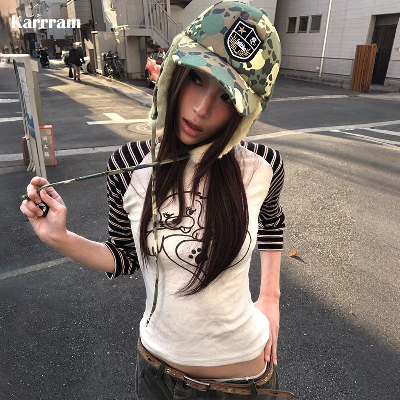 Karrram Japanese Y2k Puppy Print T-shirt Vintage Harajuku Three Quarter Sleeve Tshirt Trashy 2000s Patchwork Tops American Retro