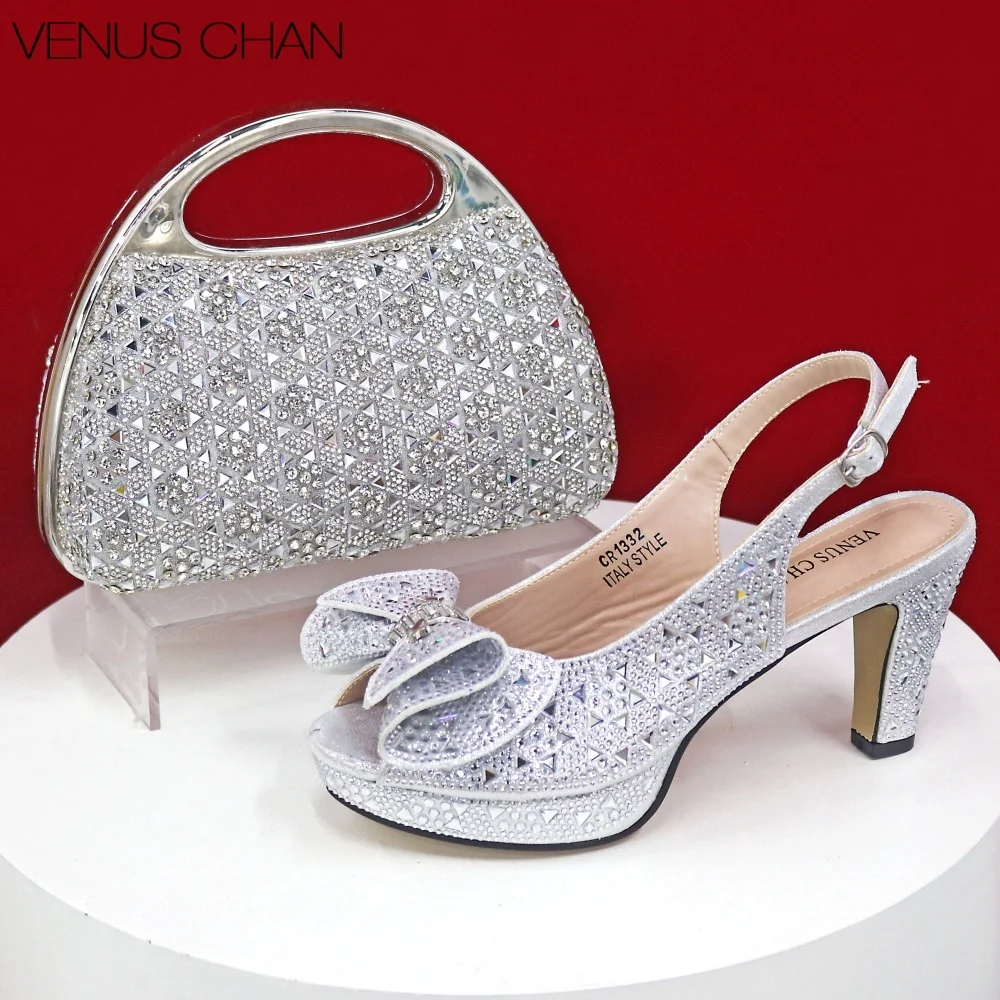 

Elegant Women Heels for Peep Toe Good Material Design Rhinestone Fuchsia Sandals Italian Shoes and Bags Matching Set 2026