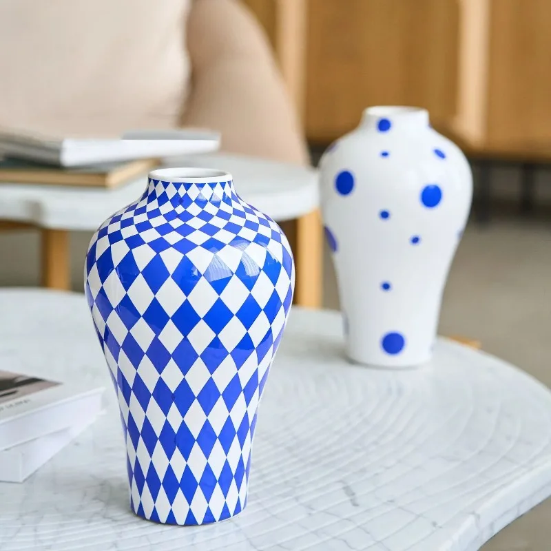 1Pcs Ceramic Vase Blue Geometric Quilted Pattern Polka Dots Flower Arrangement Accessories Ceramic