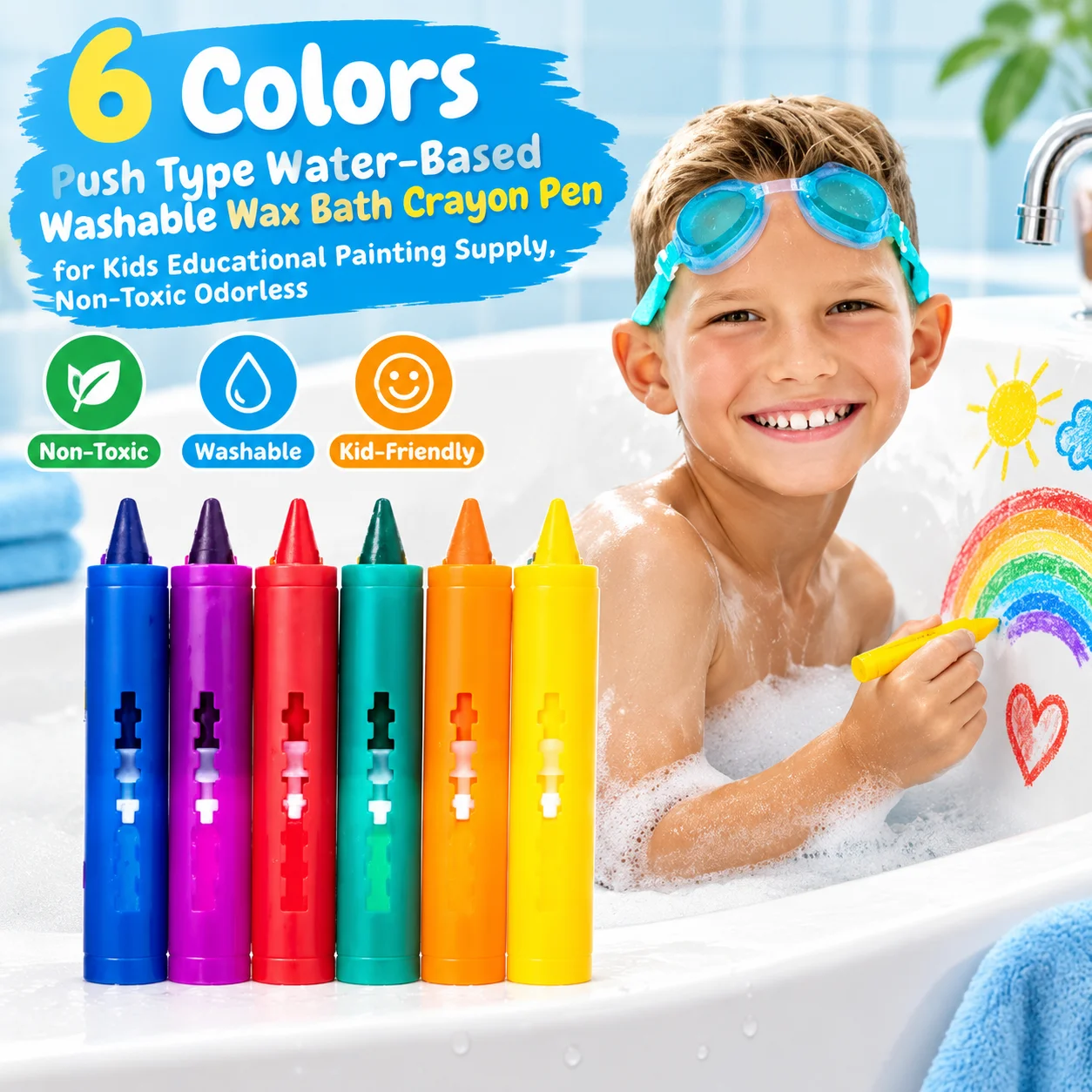 6 Colors Push Type Water-Based Washable Wax Bath Crayon Pen for Kids Educational Painting Supply, Non-Toxic Odorless