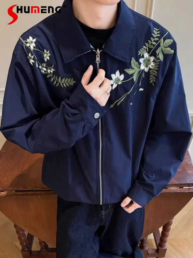 

Men's 2025 Autumn New Double Sided Design Coats High Street Baseball Jacket Lapel American Style Floral Embroidery Chic Jackets