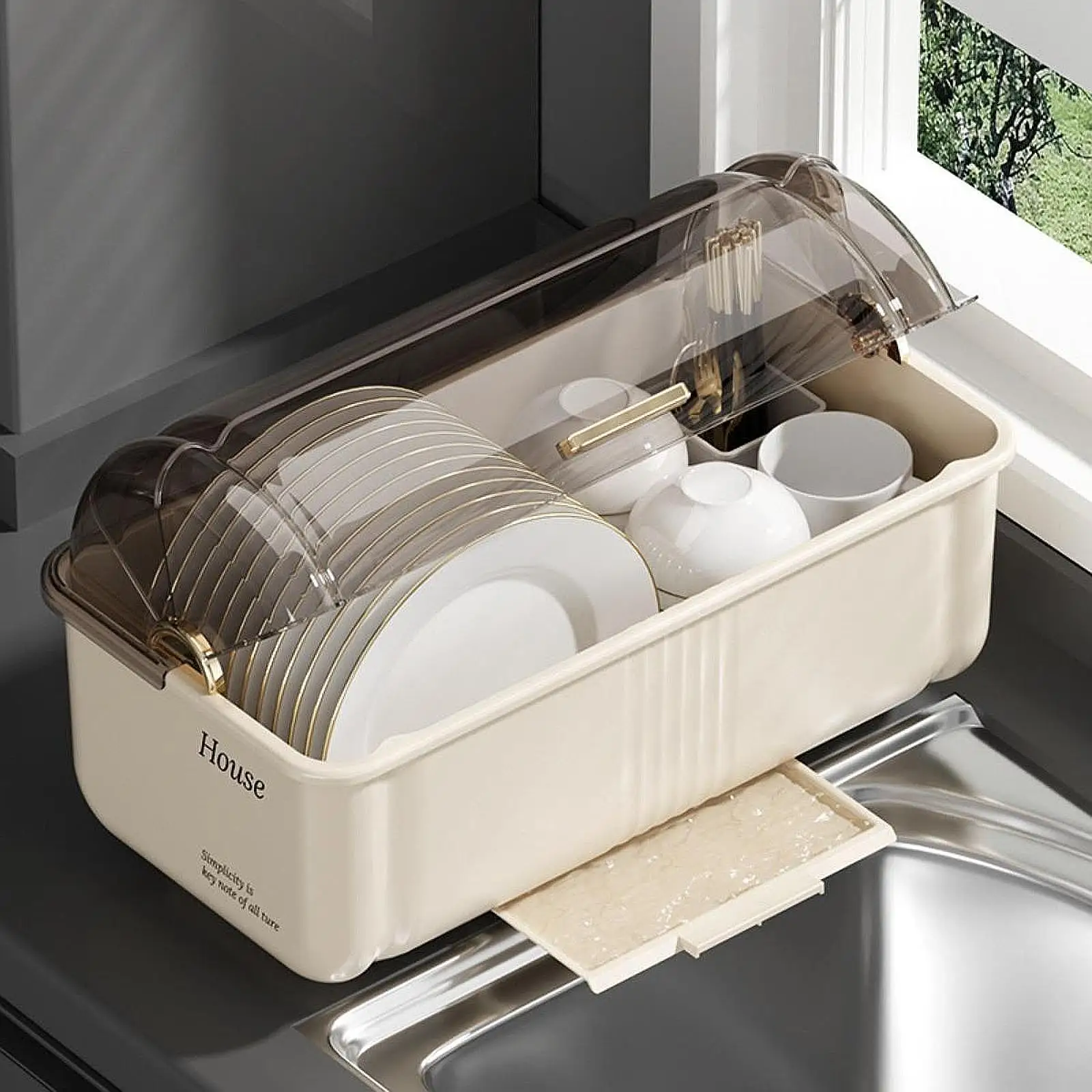 Space Saving Tableware Drying Rack with Dustproof Lid Kitchen Storage Tray Drainer for Plates Bowls and Cutlery