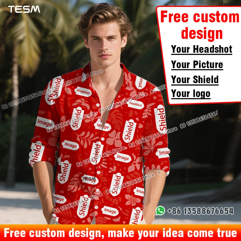 

TESM Полностью персонализируйте свои собственные мужские летние рубашки с длинными рукавами — повседневные пляжные топы на пуговицах и топы для путешествий для пар с принтом