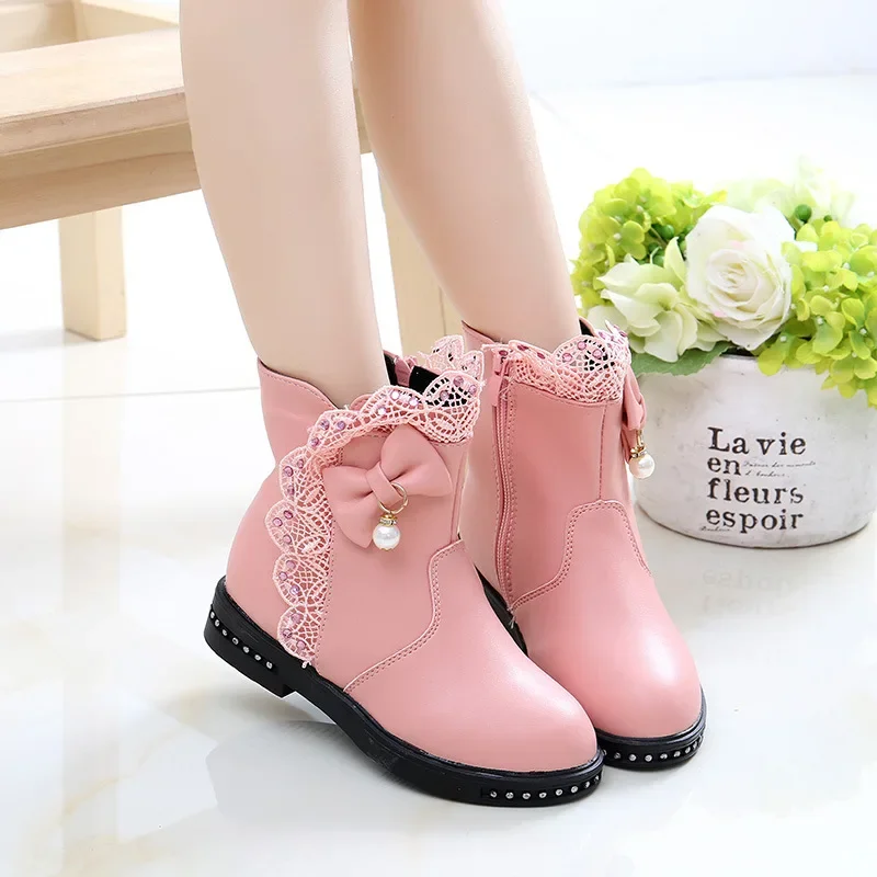 Girls Princess Boots Kids Ankle Boots Lace with Bow-knot Sweet Warm Cotton Children Rubber Boots Fur Lining Snow Boots Shoes New