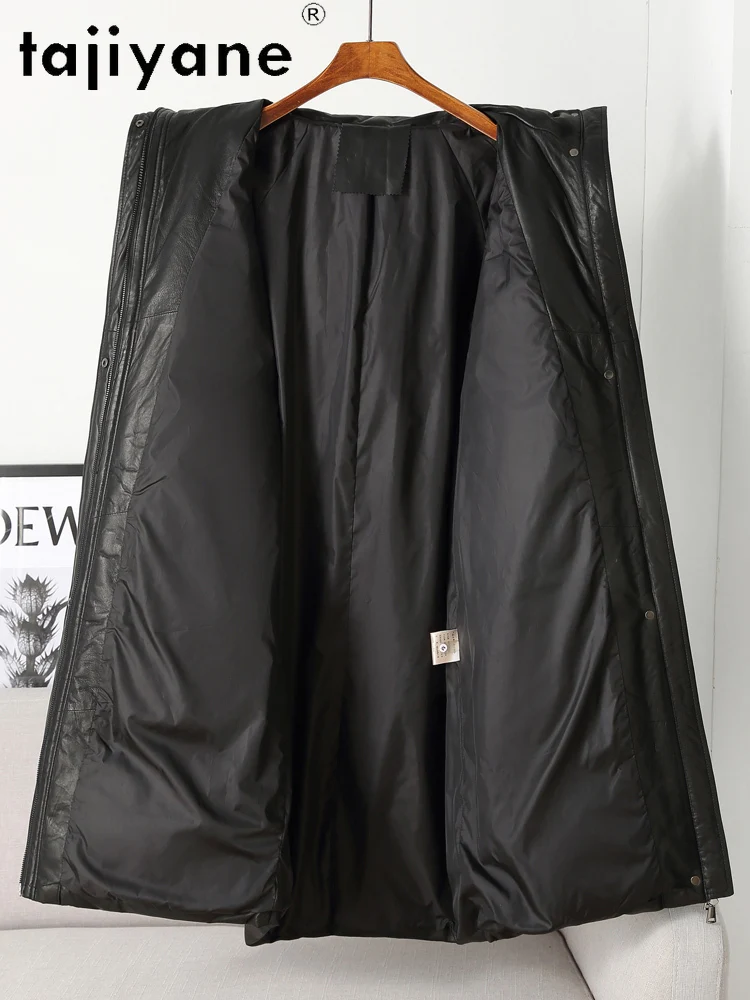 TAJIYANE 100% piumino d'oca in pelle di pecora a grana superiore con cappuccio nero lungo piumino in vera pelle donna 2025 abiti invernali و