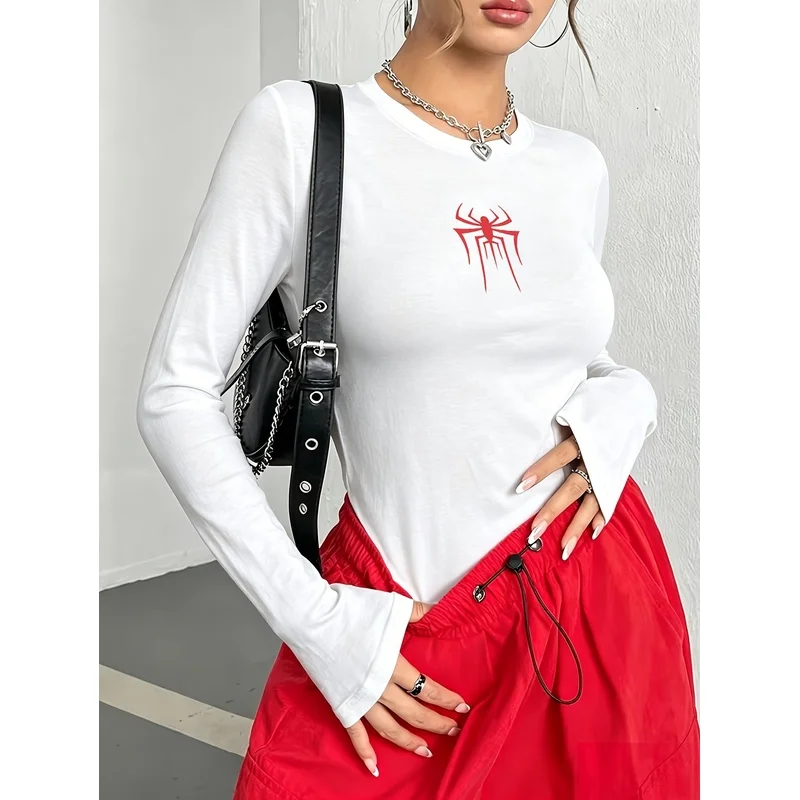 Women's vintage-style Gothic dark spider-print long-sleeve top; suitable as a base layer or standalone piece.