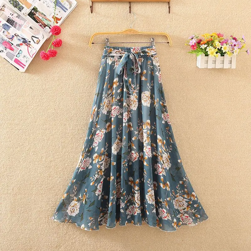 

Floral chiffon skirt women summer high waist printing 2023 temperament cover large swing umbrella skirt a-line long skirt female