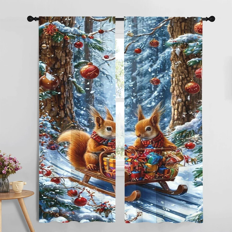 2PCS Squirrel Sleigh Christmas Curtains, Winter Forest Gift Box Snowy Tree, Animal Holiday Window Drapes for Bedroom Living Room