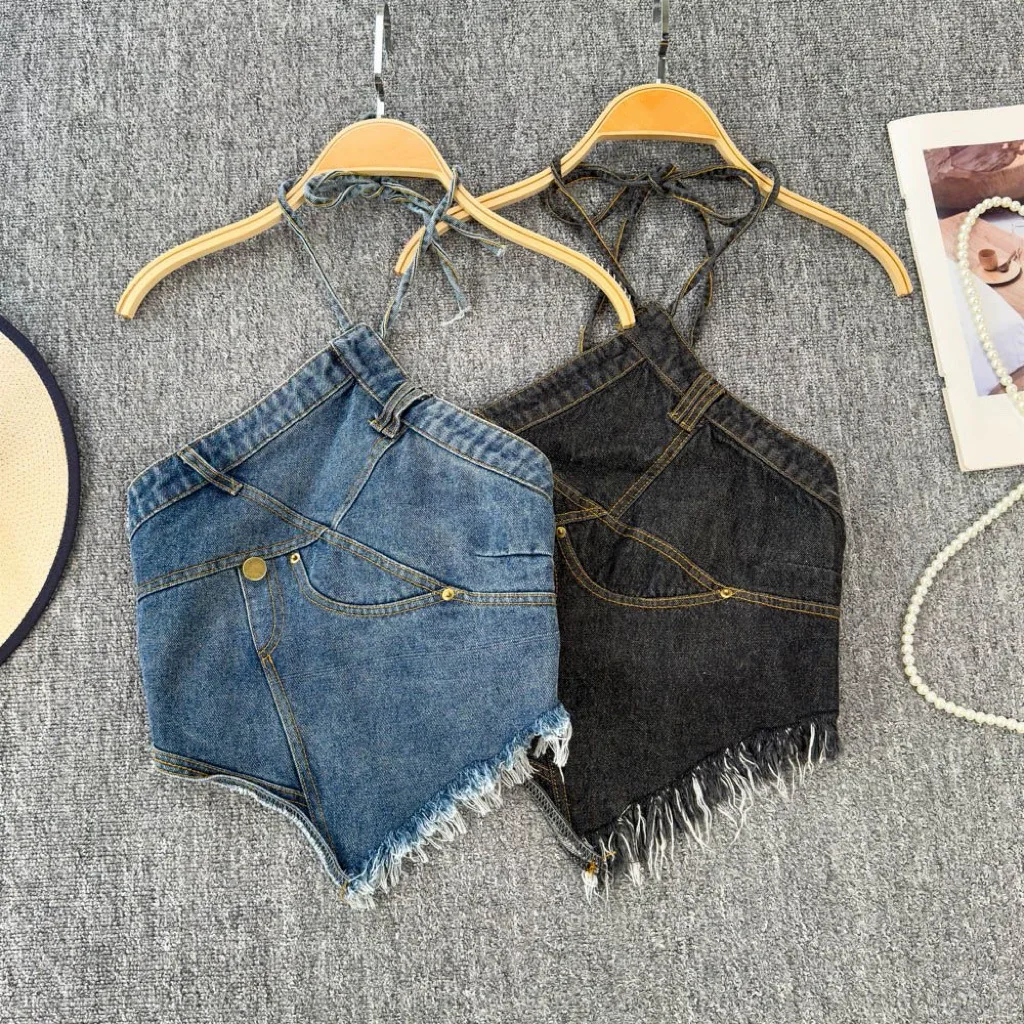 Girls European and American Style Denim Halter Strap 2026 Summer New Backless Spicy Girl Slim Fit Irregular Short Vest
