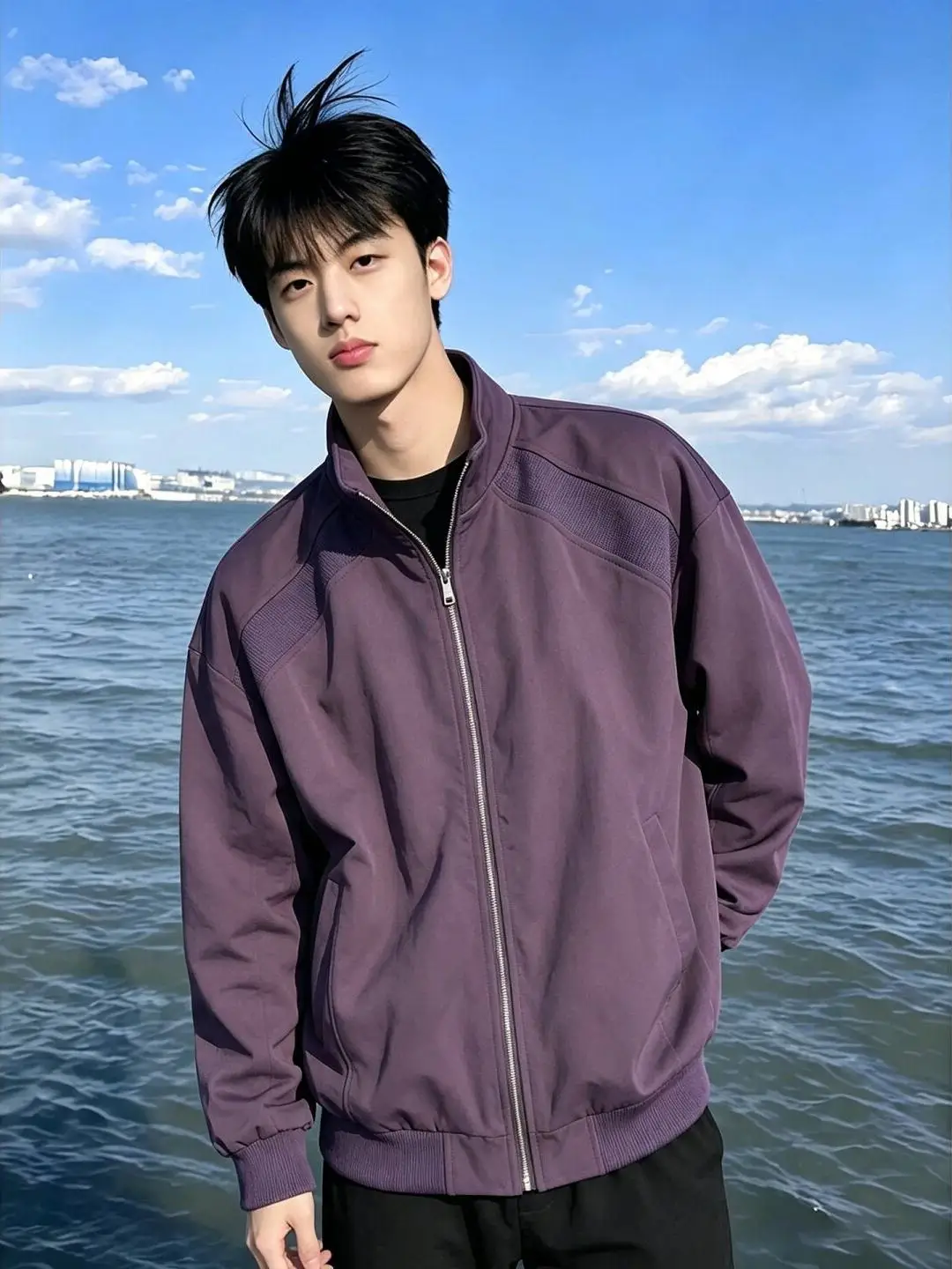 Purple Men's Flight Jacket Shoulder Pad Stand Collar Autumn Baseball Outfit High-End Shape Workwear Style Windbreaker Coat