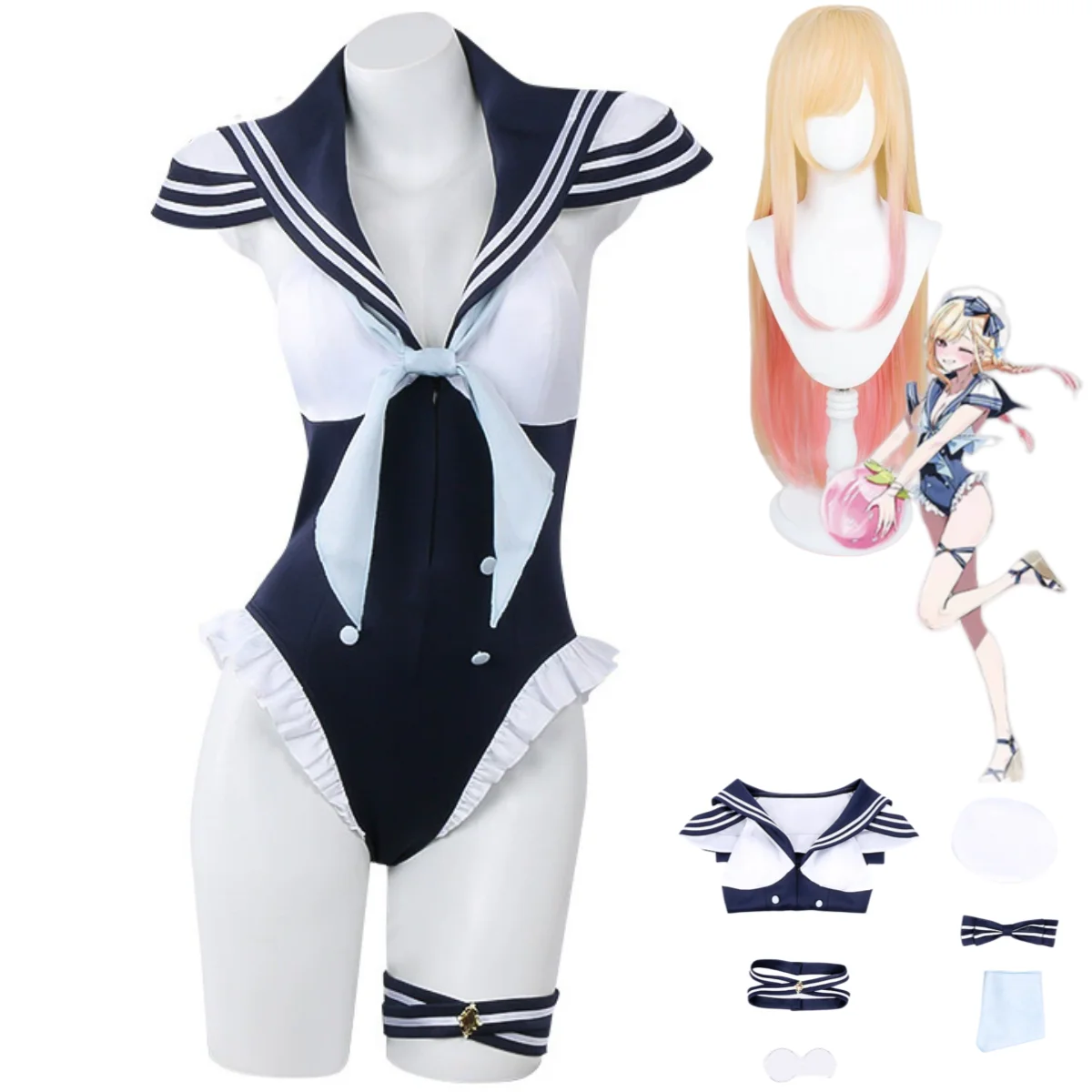 

Anime My Dress-Up Darling Kitagawa Marin Cosplay Costume Navy Style Swimsuit Jumpsuits Wig Woman Sexy Carnival Bikini Suit