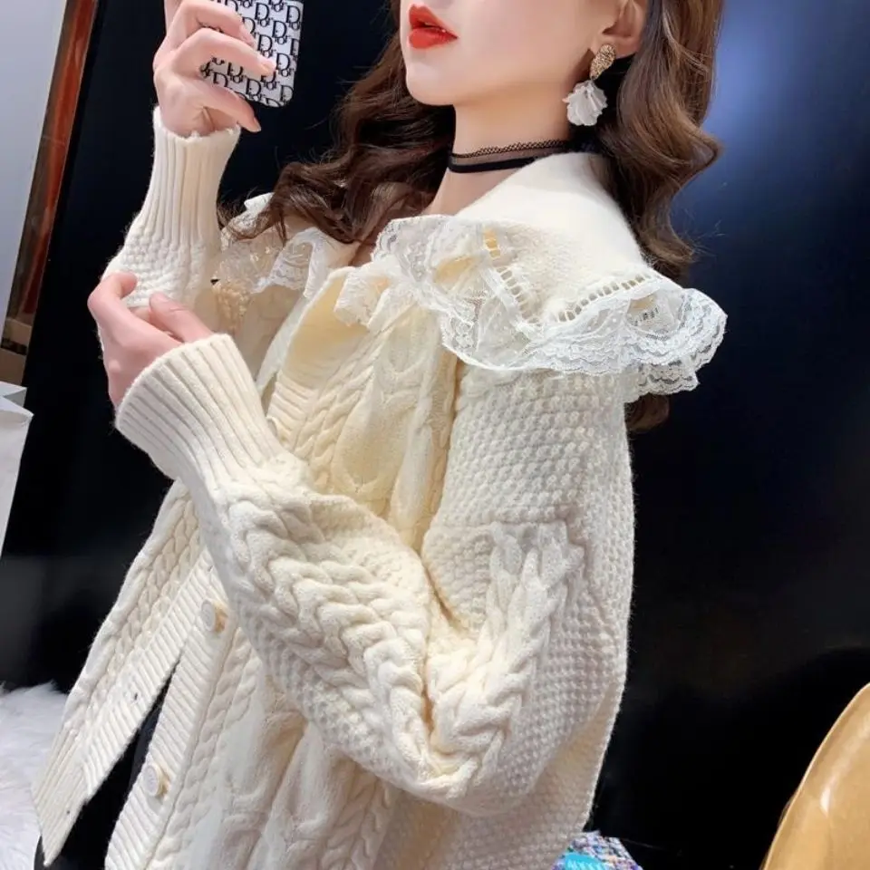 Spring Korean Version Quality Sweet Splicing Ruffled Peter Pan Collar Lace Knitted Cardigan Sweater Jacket Coat U609