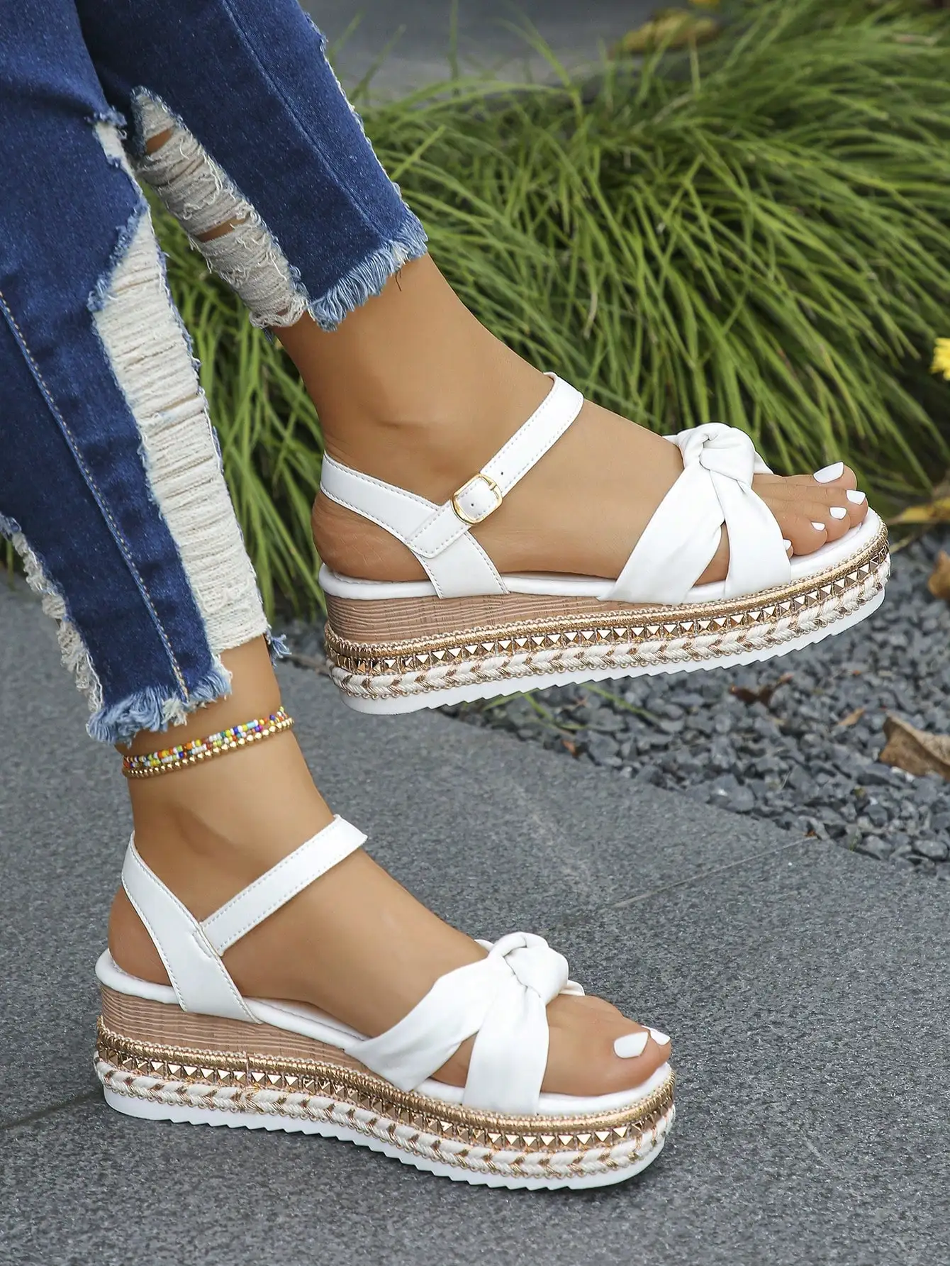 Women's Summer White Knot Open Toe Rivet Strap Wedge Platform Sandals Comfortable Daily Wear