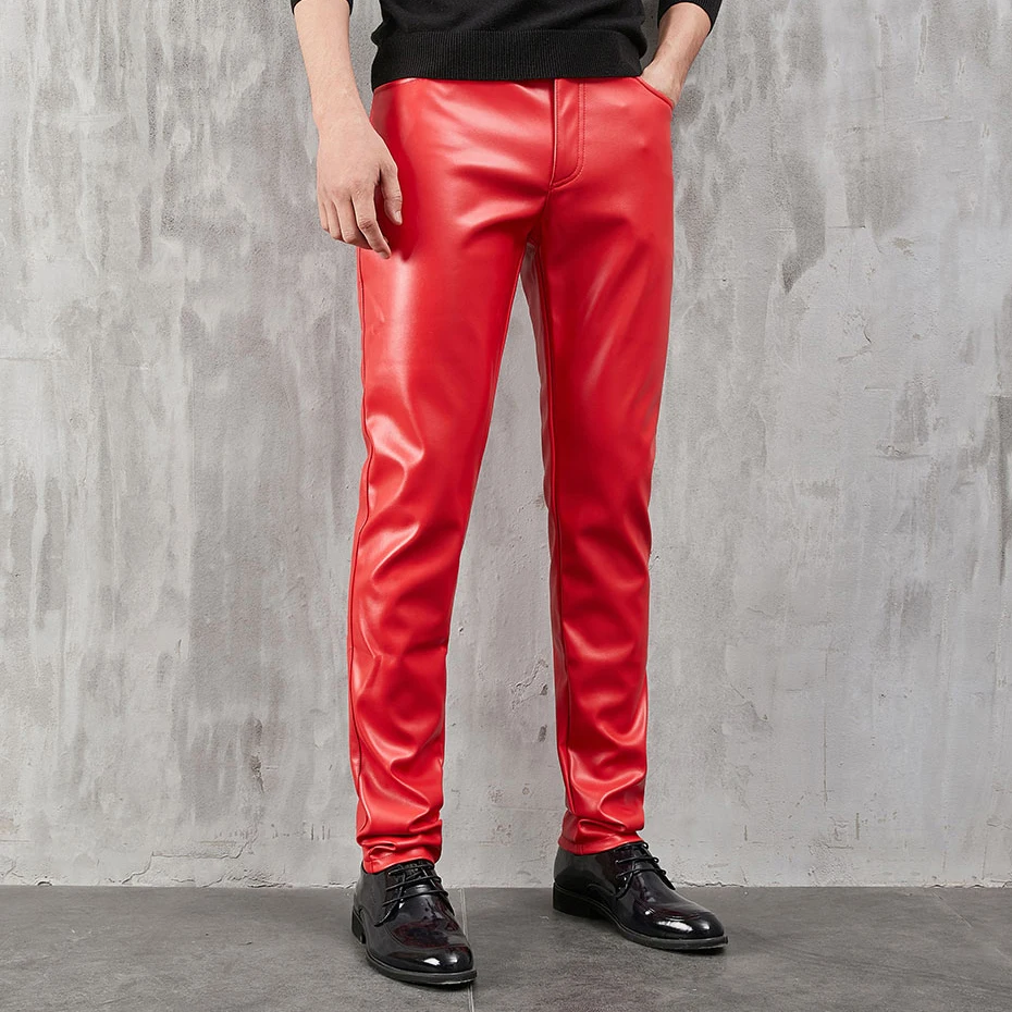 Men\'s Leather Pants Skinny Fit Stretch Fashion PU Leather Trousers Nightclub Party & Dance Pants Thin