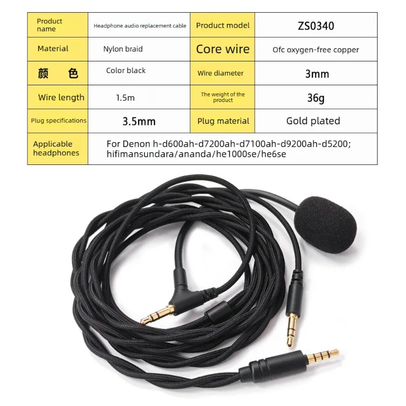 Dual 3.5mm Replacement Headphone Cable with Mic for Denon AH-D600 D7100 for HIFIMAN HE1000 HE1000SE Gaming Audio Wire