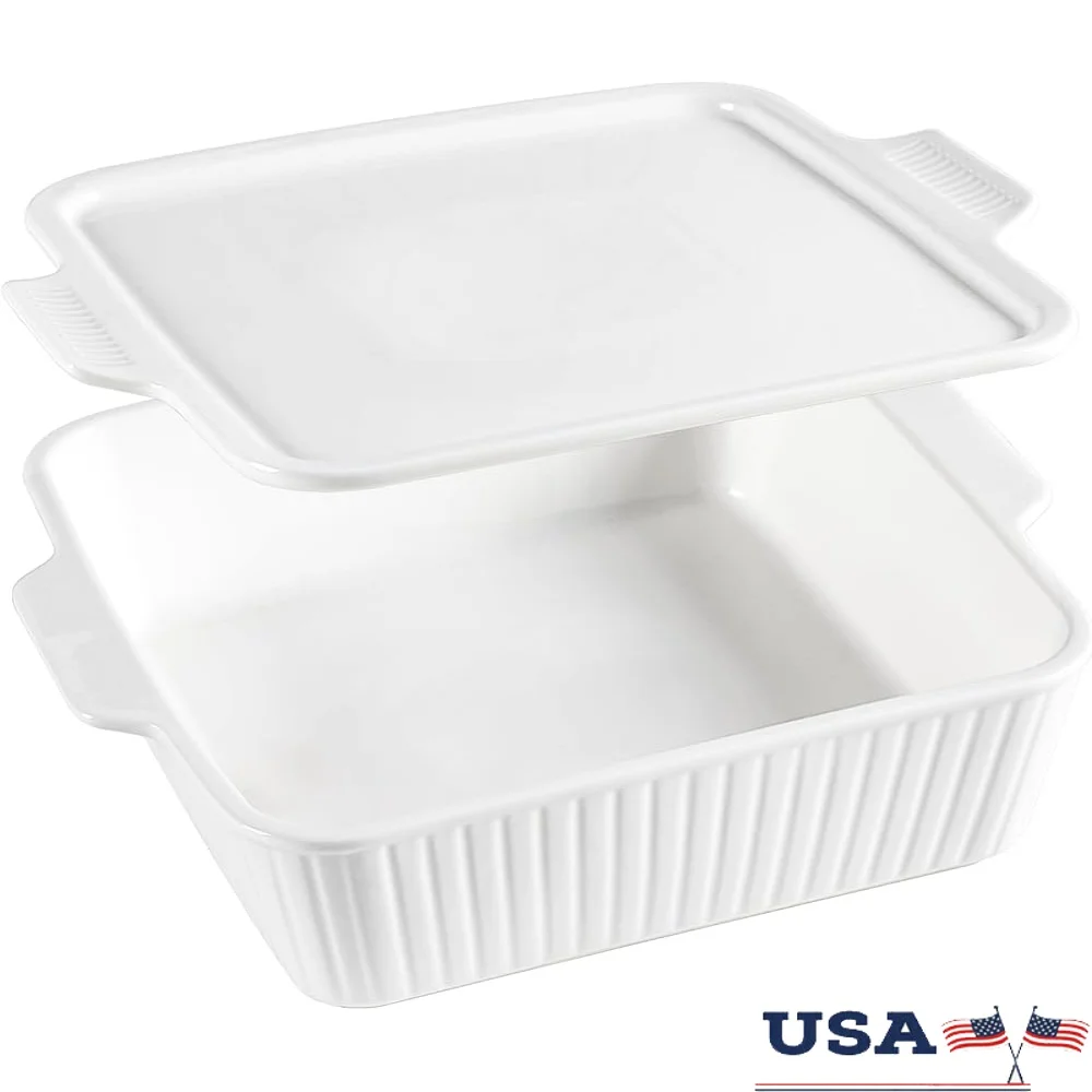 

Ceramic Square Casserole Dish with Lid Non-Stick Baking Pan Handles Oven Safe Kitchen Cookware Lasagna Stews Roasting