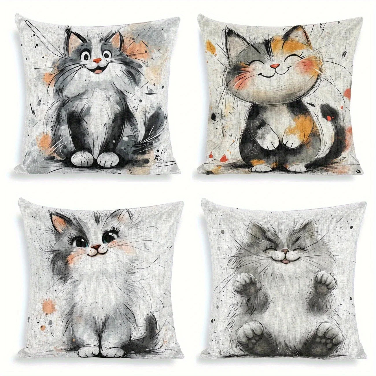 4Pcs Cute Cat Pillow Covers 45x45cm Double-sided Printed Cushion Cases Kitten Animal Home Decor Throw Pillows No Insert