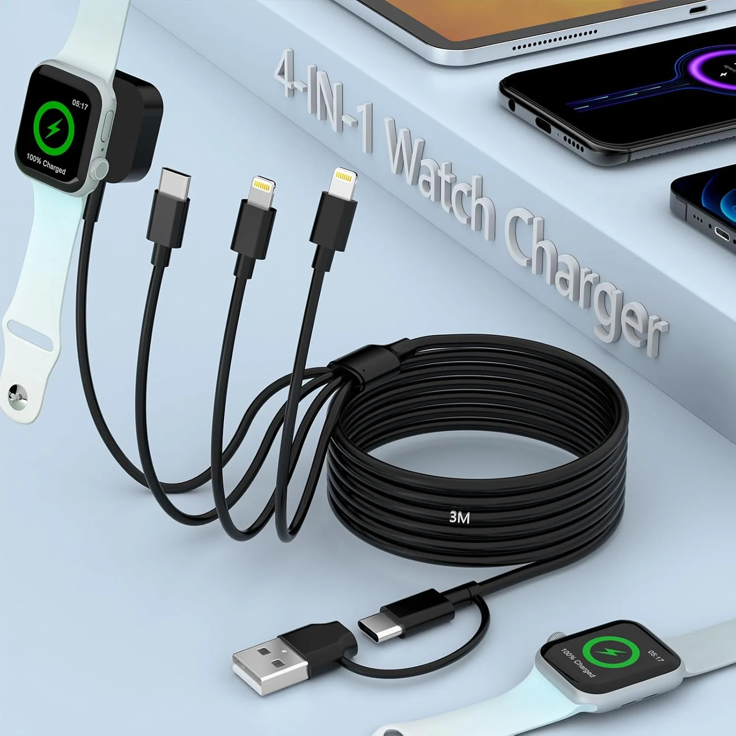 4 in 1 Watch & Phone Charger Cable, Multi Charging Cord, Fast Magnetic Type C for Apple Watch, iPhone, Pods