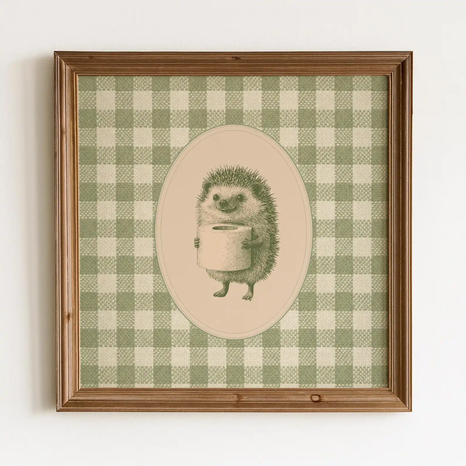 Cute Hedgehog Toilet Paper Canvas Wall Art, Green Gingham Vintage Print, Funny Neutral Country Style Bathroom Restroom Unframed