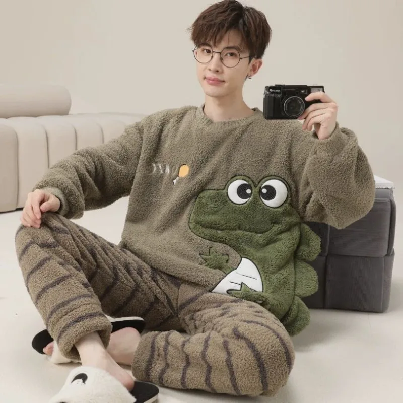 Teenagers' Pajamas New Underwear Men's Pajamas Cartoon Autumn and Winter Thickened Coral Fleece Fattened Flannel Loungewear Set