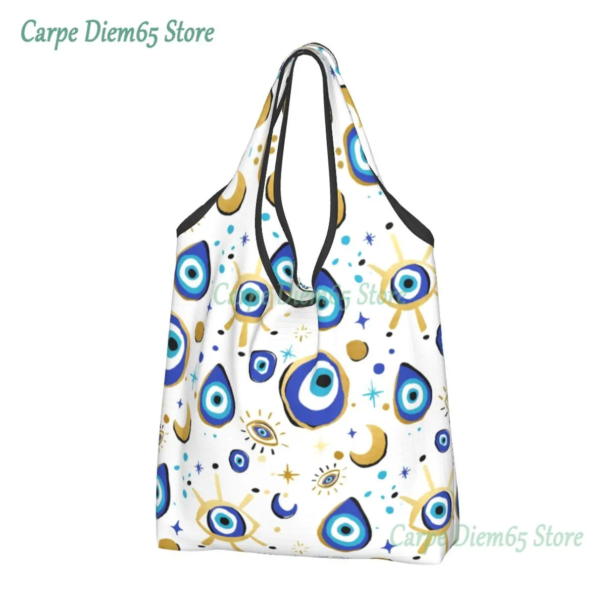 

Mediterranean Blue And Gold Evil Eye Shopping Bags Women Portable Big Capacity Grocery Hamsa Nazar Amulet Boho Shopper Tote Bags