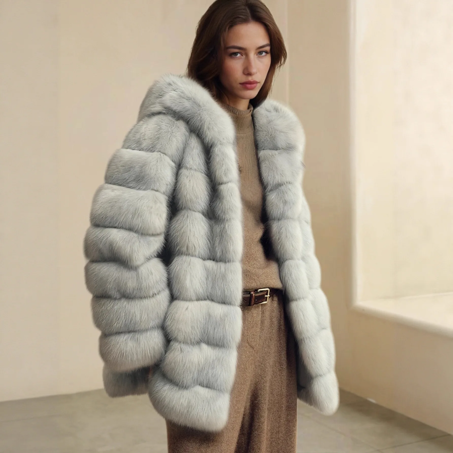Winter Warm Faux Fur Coat Women Loose Quilted Fur Jacket Long with Hood Long Sleeve New in Outerwear Fashion Solid Fluffy Coat