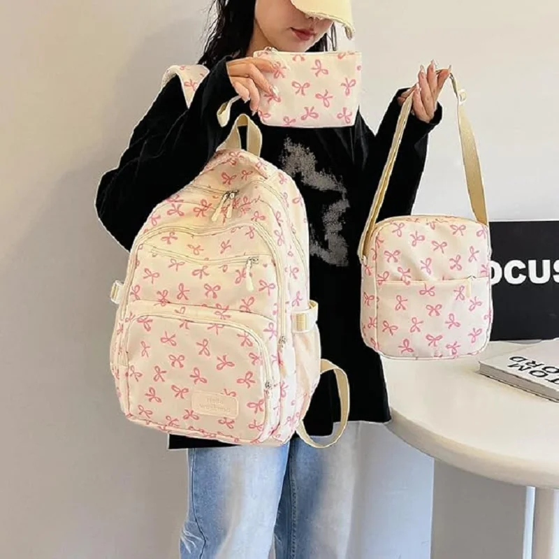 

Korean Fashion Bow Print Women Fashion Backpack Lightweight Simple Student Schoolbag Female Crossbody Bag 3Pcs/Set