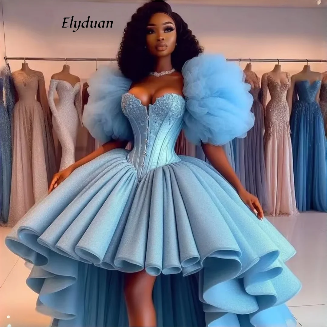 Light Blue High Low Prom Dress Sweetheart Puffy Tulle Sleeves Beaded Corset Ruffle Satin African Women Evening Gown Customized