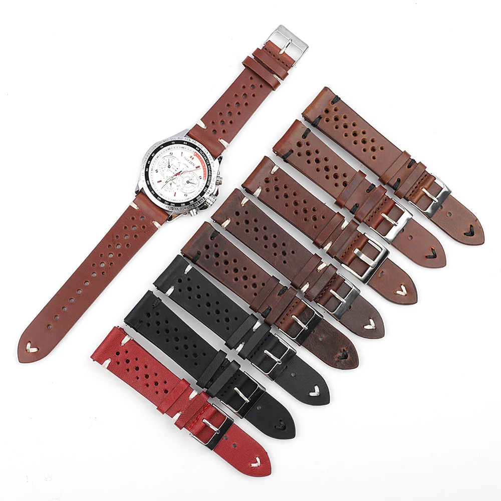 Porous Leather Watch Band 19mm 20mm 22mm 24mm Breathable Watch Strap Handmade Stitching Quick Release Watchbands Black Brown Red