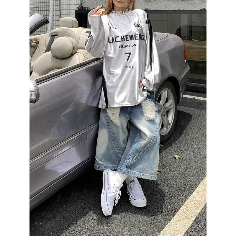 

Женские американские ретро-отверстия с градиентом, широкие синие рваные джинсы, женские летние джинсовые шорты с высокой талией, капри унисекс, свободные брюки