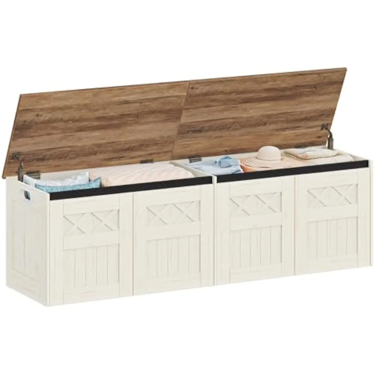59 Inch Farmhouse Style Storage Bench with Lift Top Lid | 268 Liter Capacity | 150 Kilogram Weight Limit | Retro White Engineere