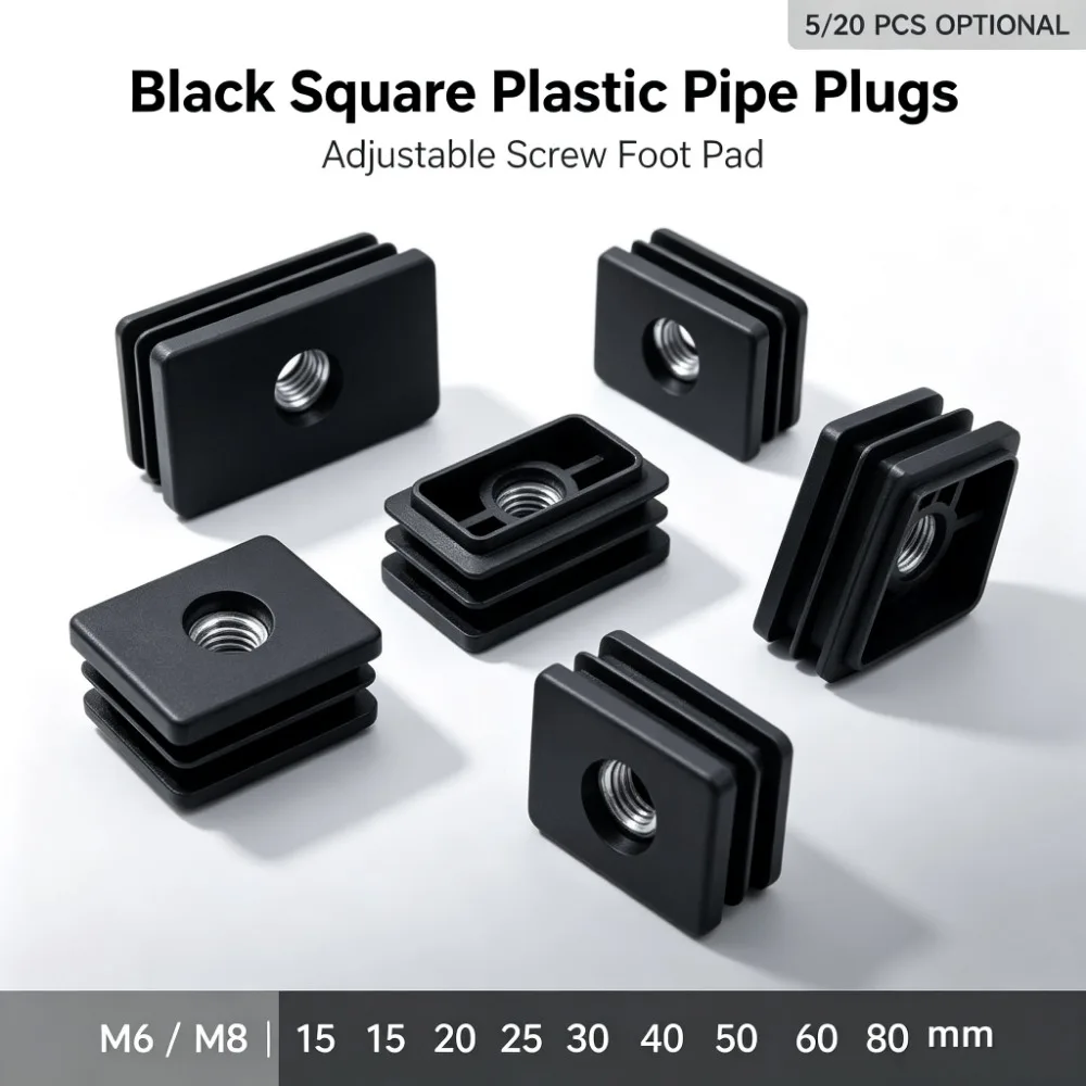M6 M8 Adjustable Furniture Screw Foot Pad 5/20Pcs, Black Square Plastic Pipe Plugs, 15 20 25 30 40 50 60 80mm Leg End Caps