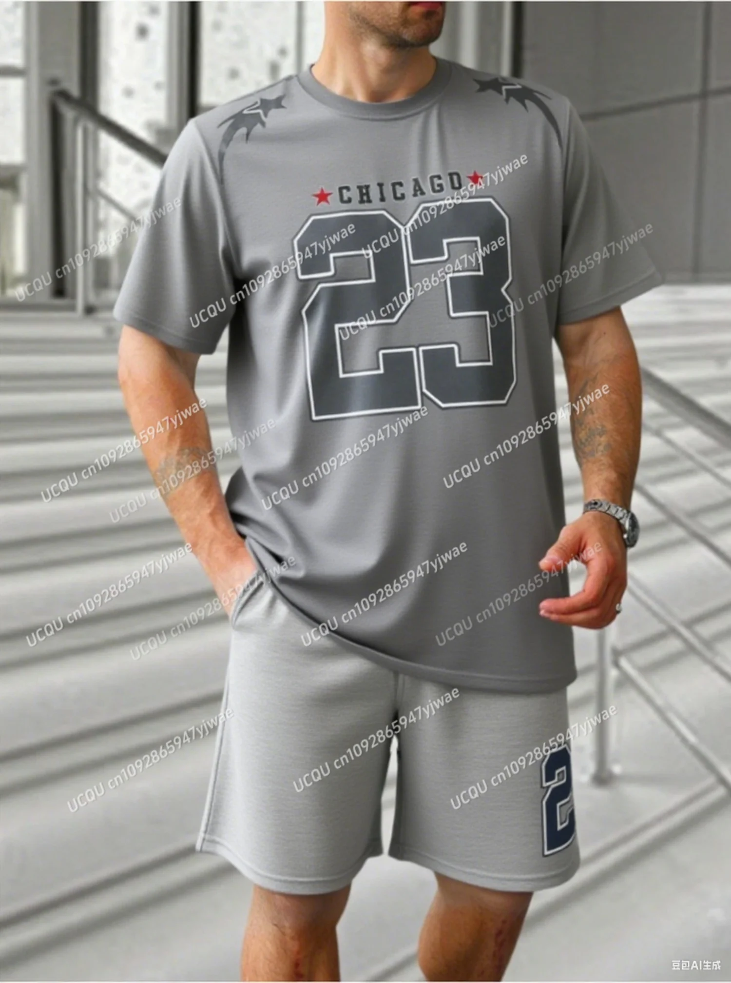 2025 Summer Color blocked Chicago No.23 Men's Tracksuit 2 Pieces Set Casual Sport T-Shirt Shorts Set Men's Jogging Men Clothes