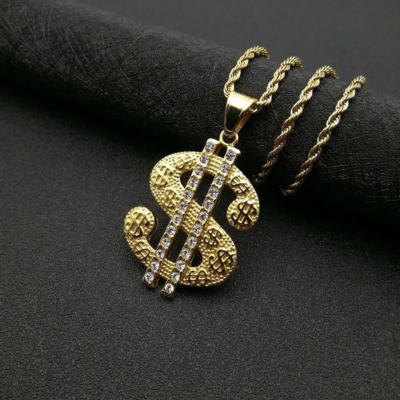 Steel Diamond Dollar Pendant Necklace Unisex Hip Hop Jewelry Chain Not Included