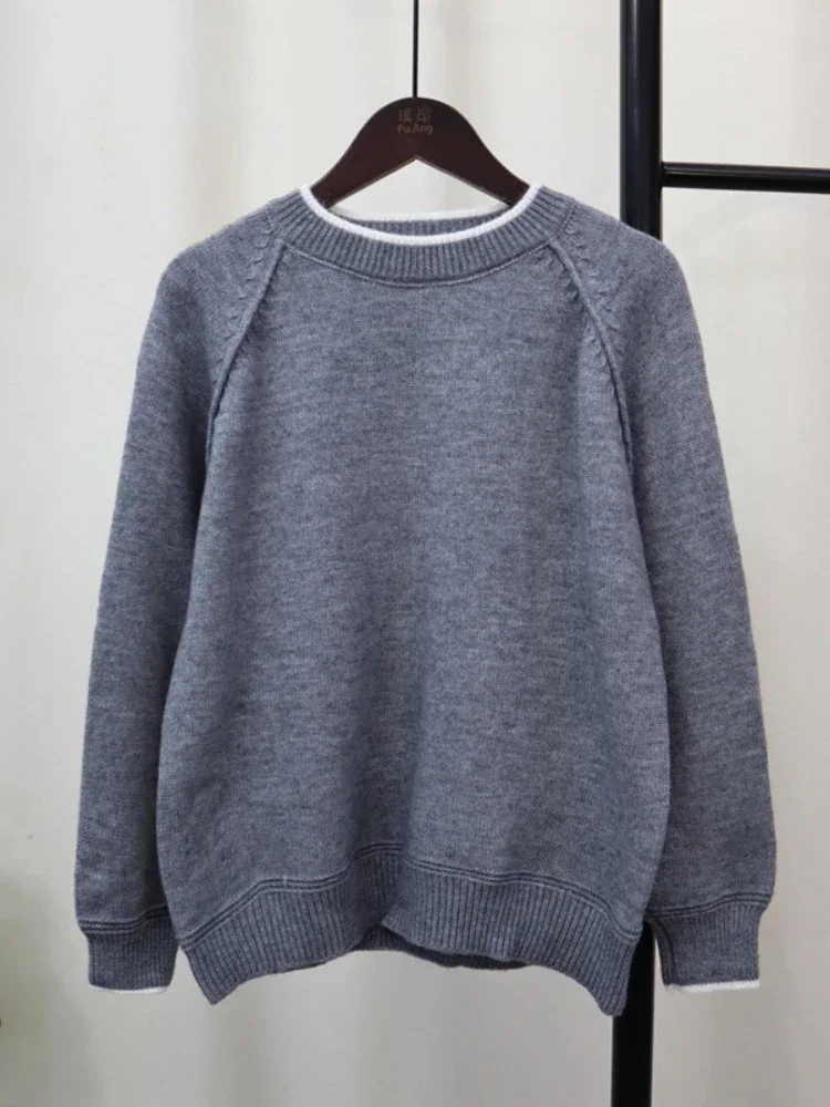 女性用ラウンドネックセーター,対照的な色のニットウェア,韓国のトップス,カジュアル,すべてにマッチ,偽の2ピース,ファッションプルオーバー,秋,冬,新品