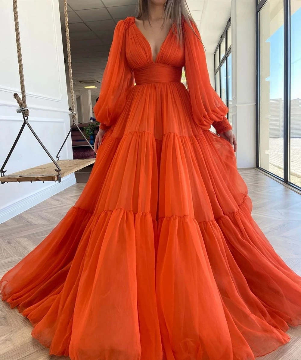 Bafftafe A Line Pleated Orange Chiffon Prom Dresses Customized Puff Long Sleeves V Neck Women Evening Dress Formal Party Gowns