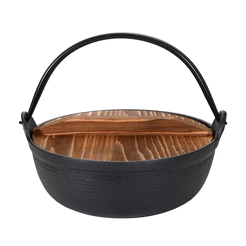 Japanese Cast Iron Sukiyaki Pot with Wooden Lid Round Hot Pot for Tabletop Cooking Traditional Stew Pan Durable Kitchenware