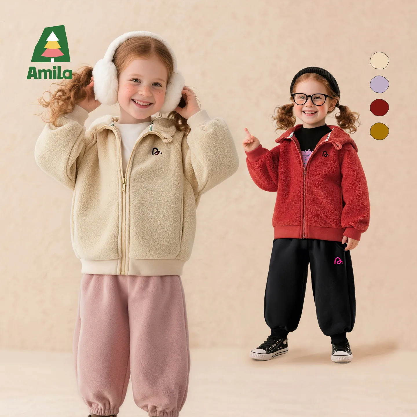 Amila 2026 Kids Winter Warm Fleece Coat Light Purple Crimson Yellow Apricot Sports and Leisure Children's Outdoor Exploration
